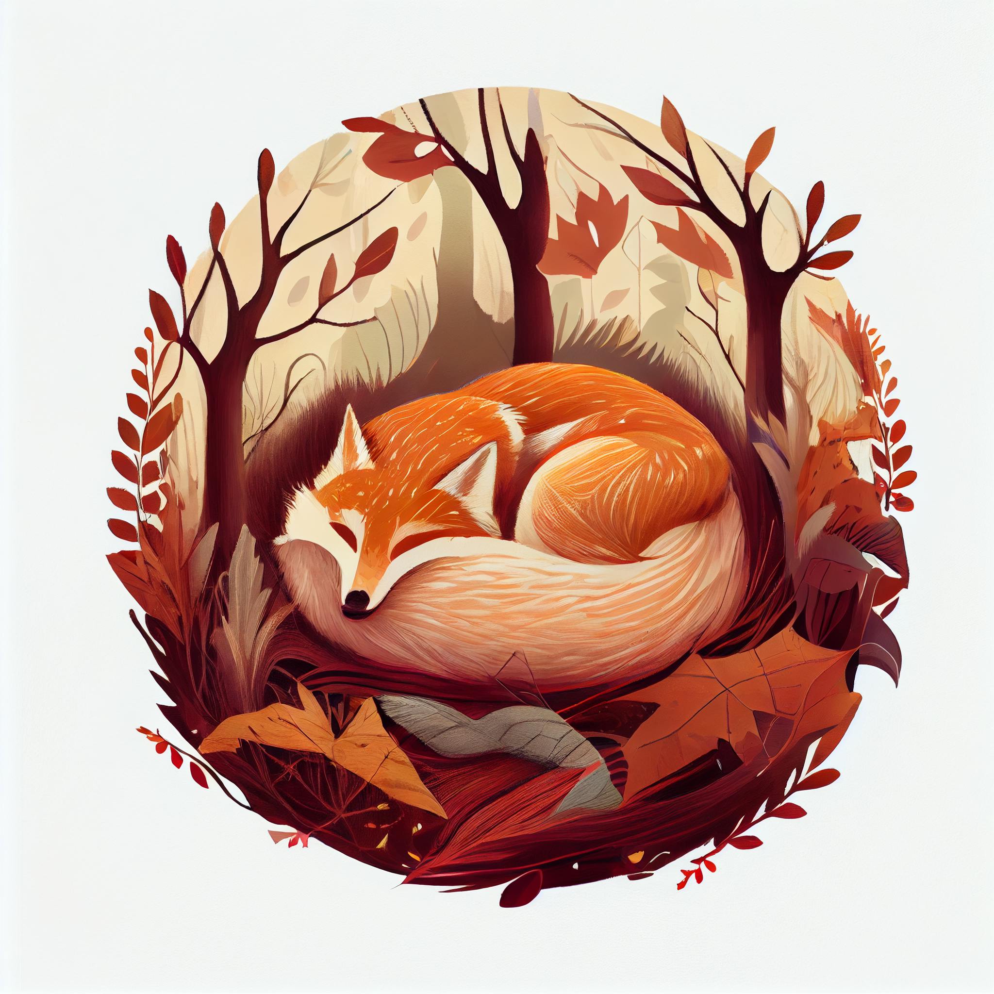curled up, woodland, cosy, nap, fox, stylised, autumn tones