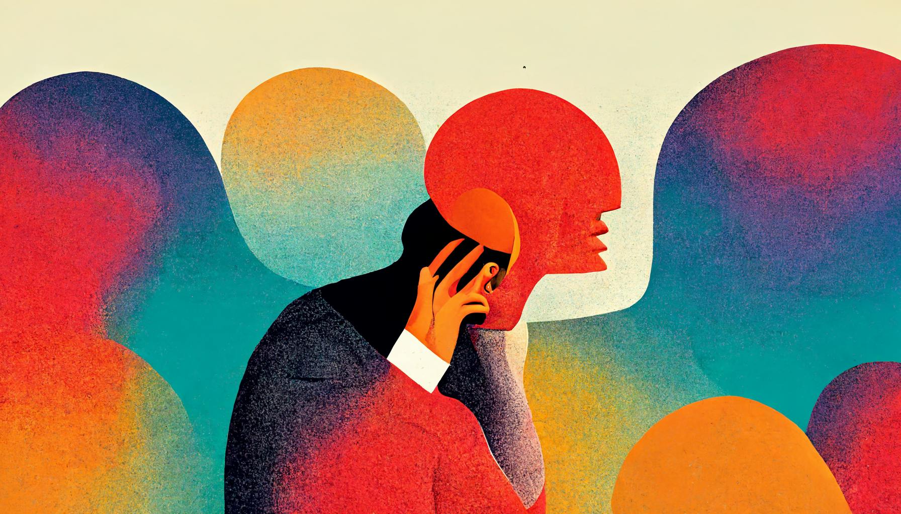 colourful editorial illustration of the distracted mind pulled in different directions, mental confusion or bewilderment