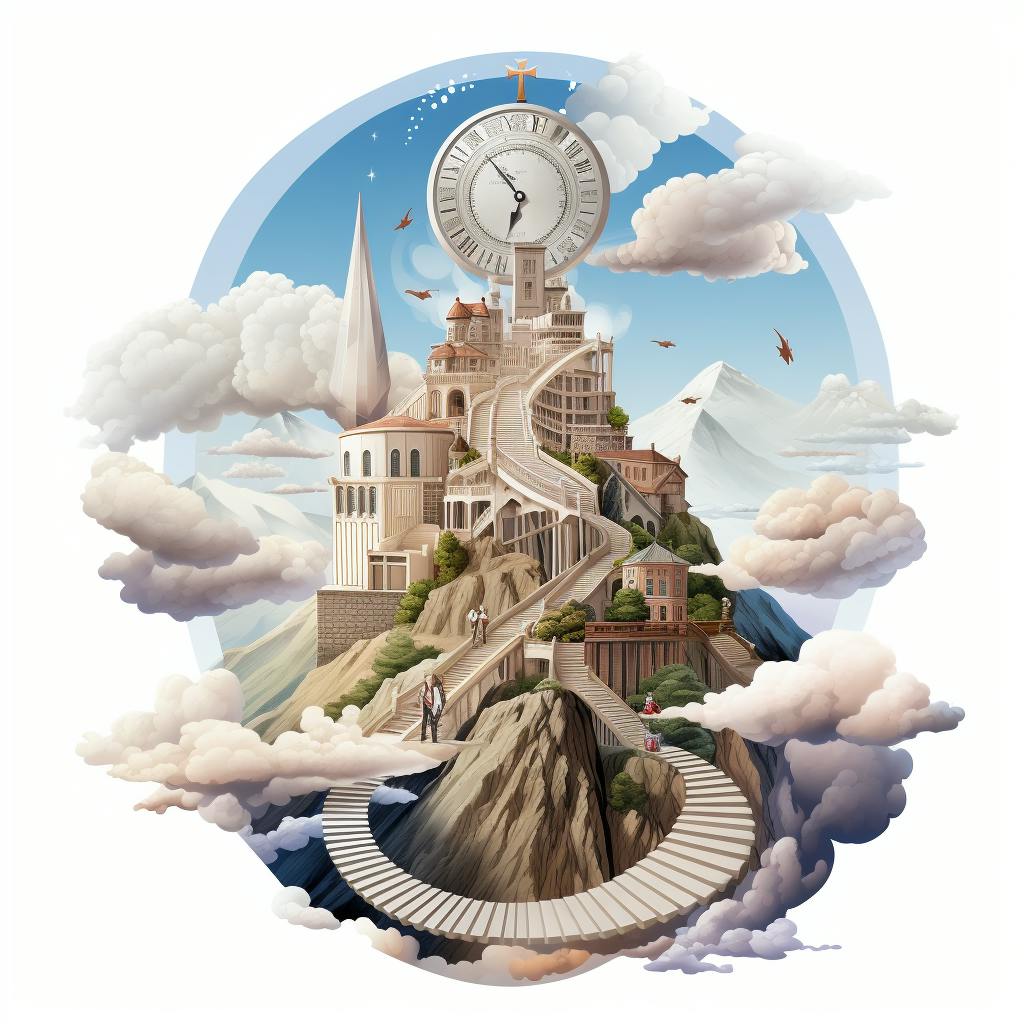 a digital art painting of a clock tower on top of a mountain, with a staircase leading to it. The tower is made of stone and has a large clock face on one side. The staircase is made of wood and winds its way up the mountainside. The sky in the background is a deep blue, with a few scattered clouds.