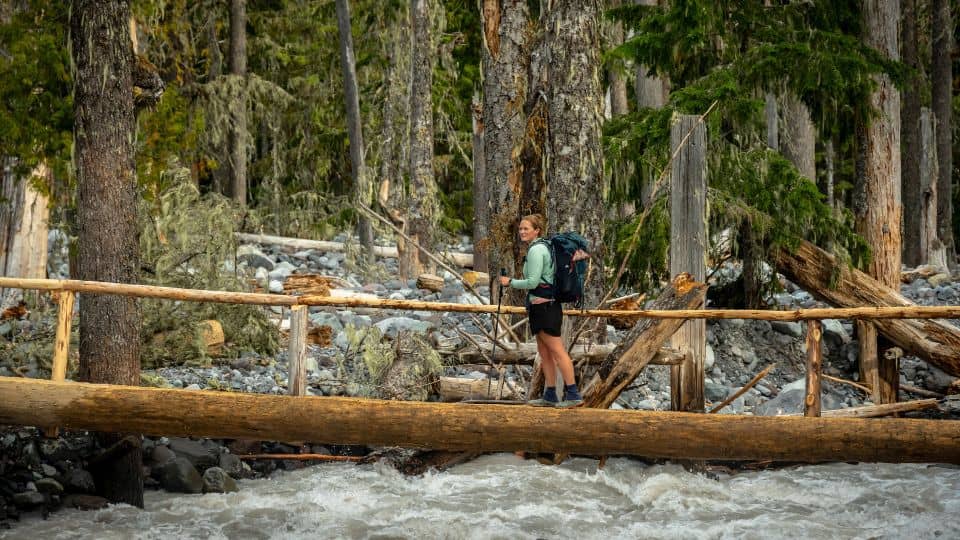Woman Crosses Log Bridge Over Rushing Carbon River in Mount Rainier National Park