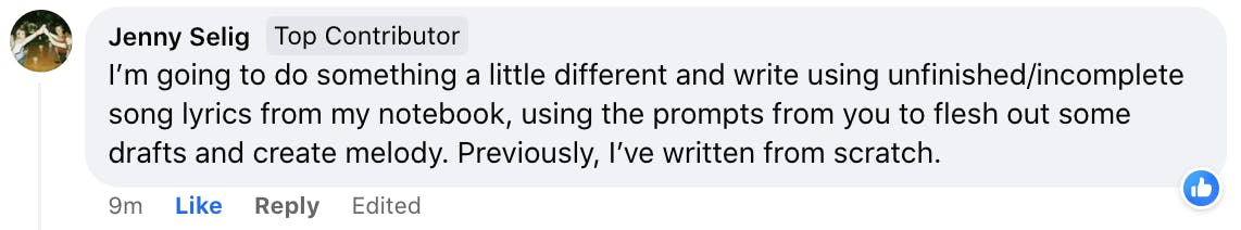 I’m going to do something a little different and write using unfinished/incomplete song lyrics from my notebook, using the prompts from you to flesh out some drafts and create melody. Previously, I’ve written from scratch.