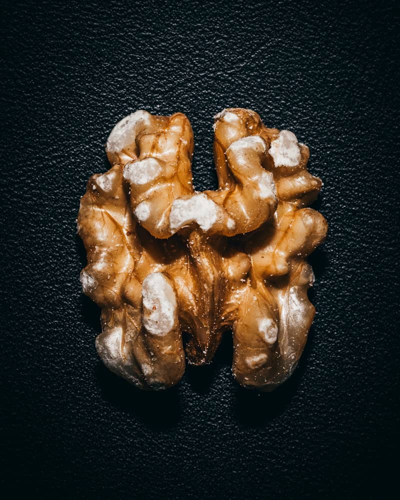 A single walnut half on a dark surface