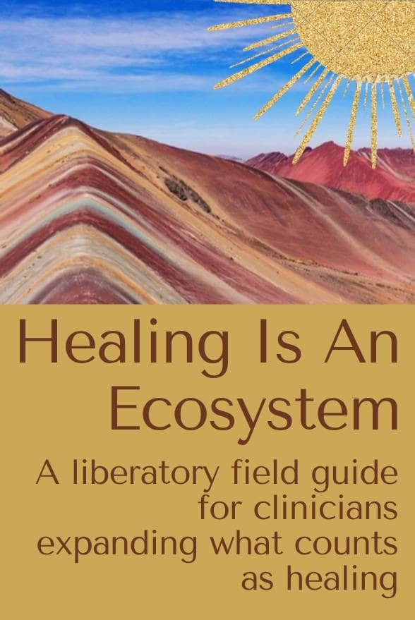 coloured mountains and golden sun on blue sky with banner that reads healing is an ecosystem