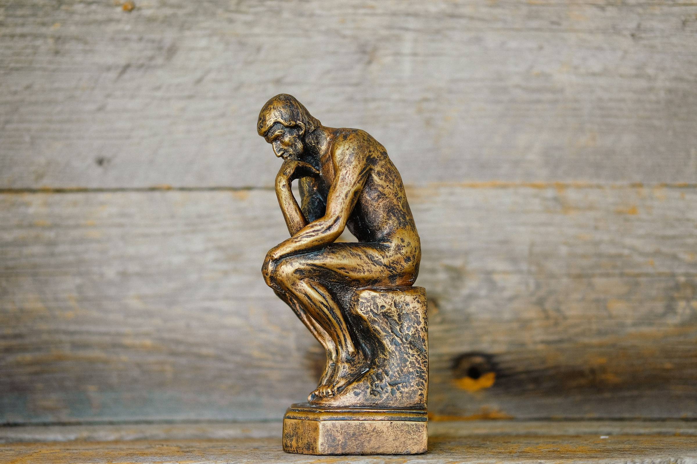 bronze tone statue or a person sitting and thinking against a wooden wall