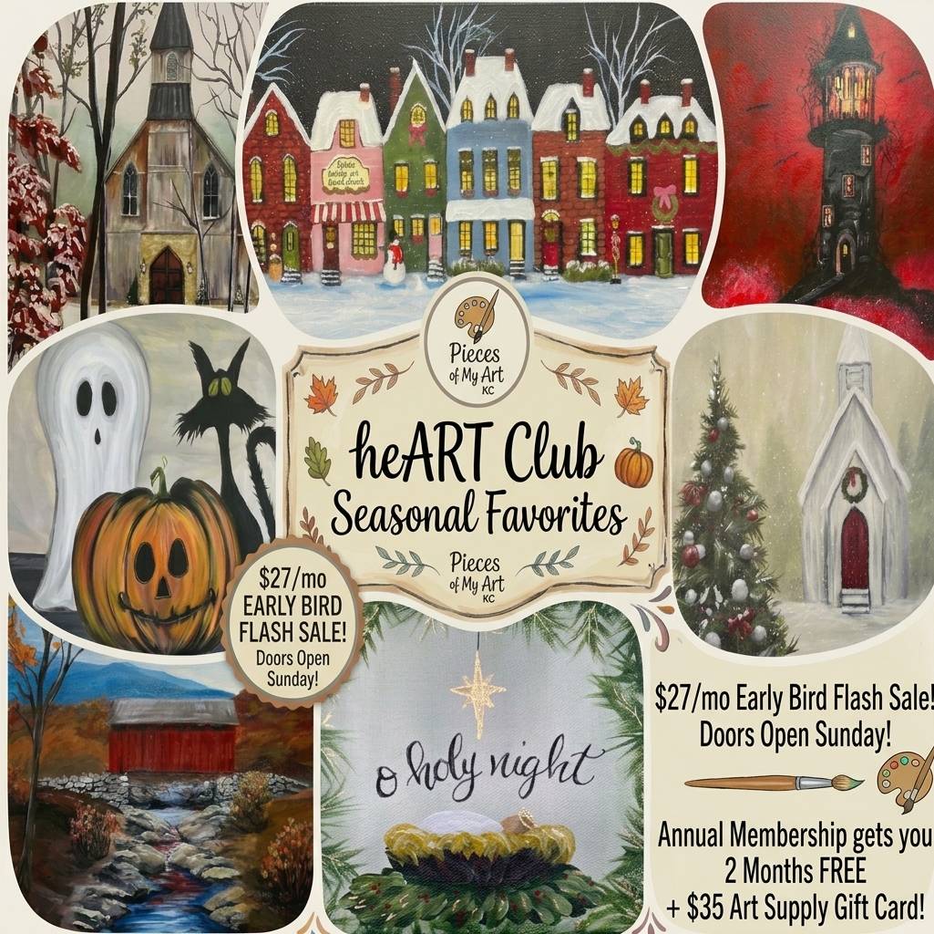 🎨 heART Club online painting membership samples collage showing fall canvas projects.