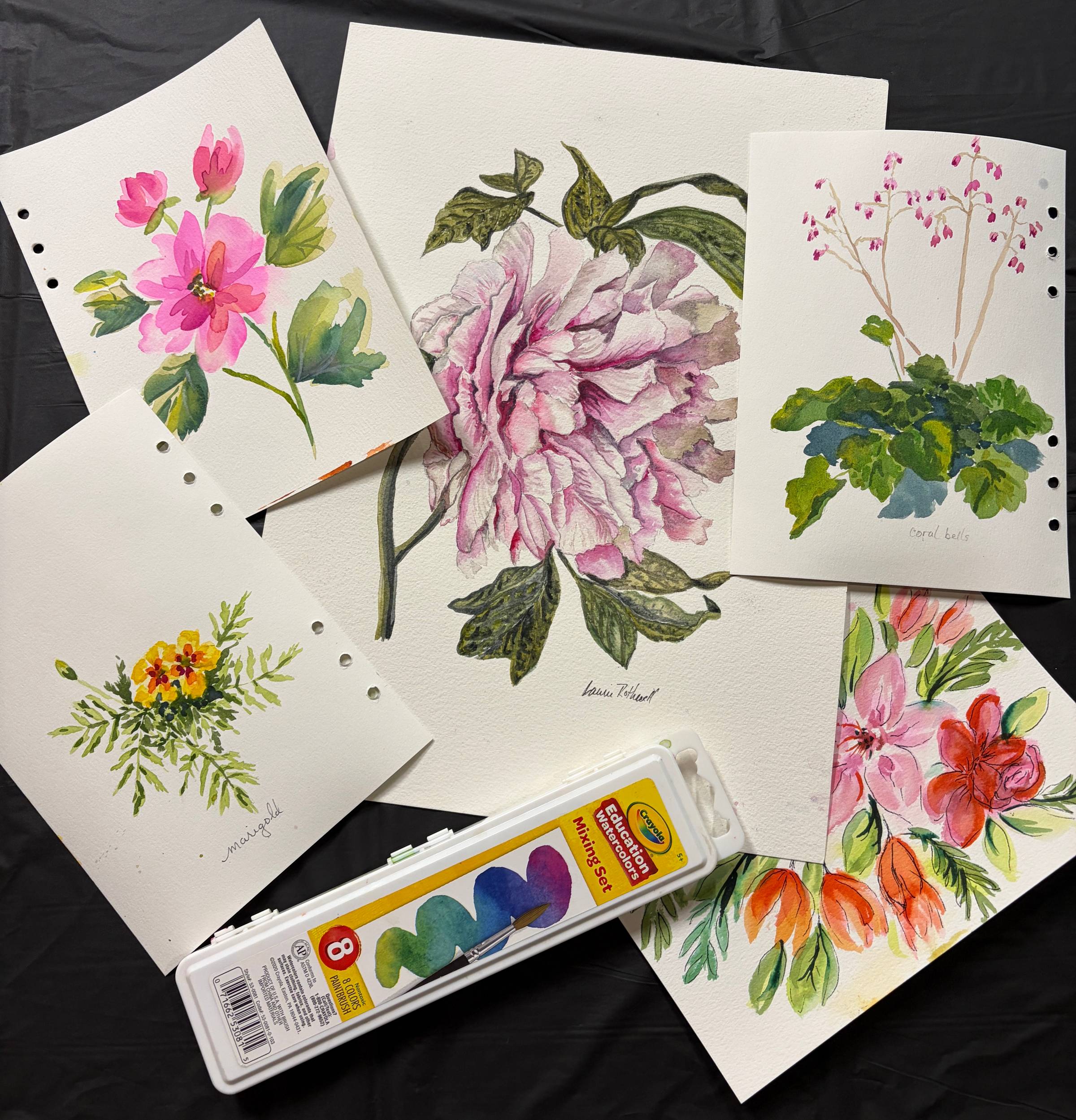 A bright collection of vibrant, loose watercolor floral paintings and sketches by Laurie from Pieces of My Art