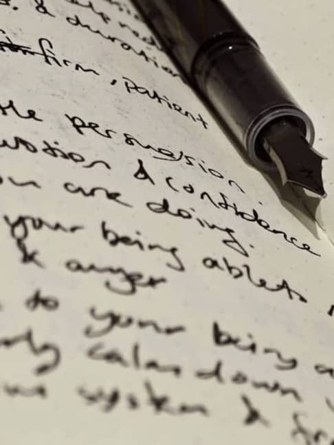 A fountain pen rests atop handwritten journal entries.
