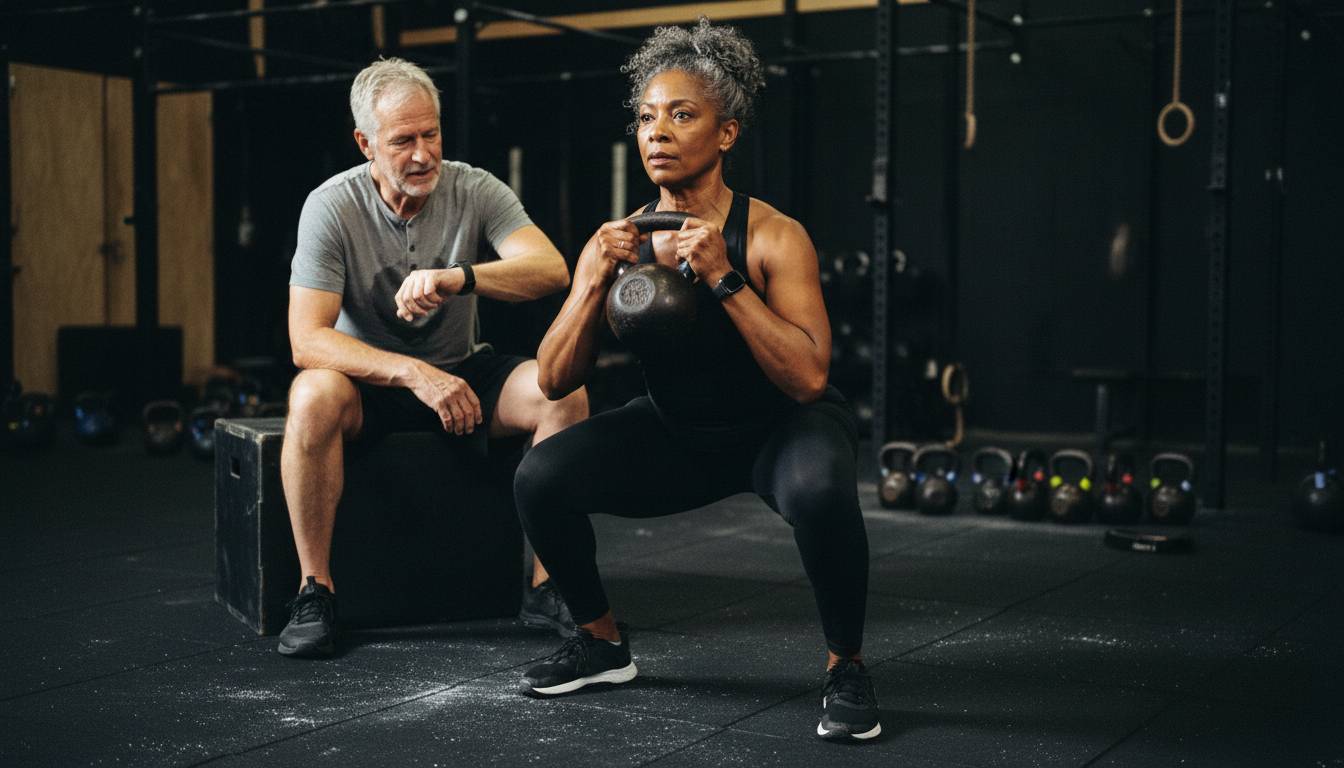 Fit woman in her sixties performing a deep goblet squat with a kettlebell while her partner rests beside her