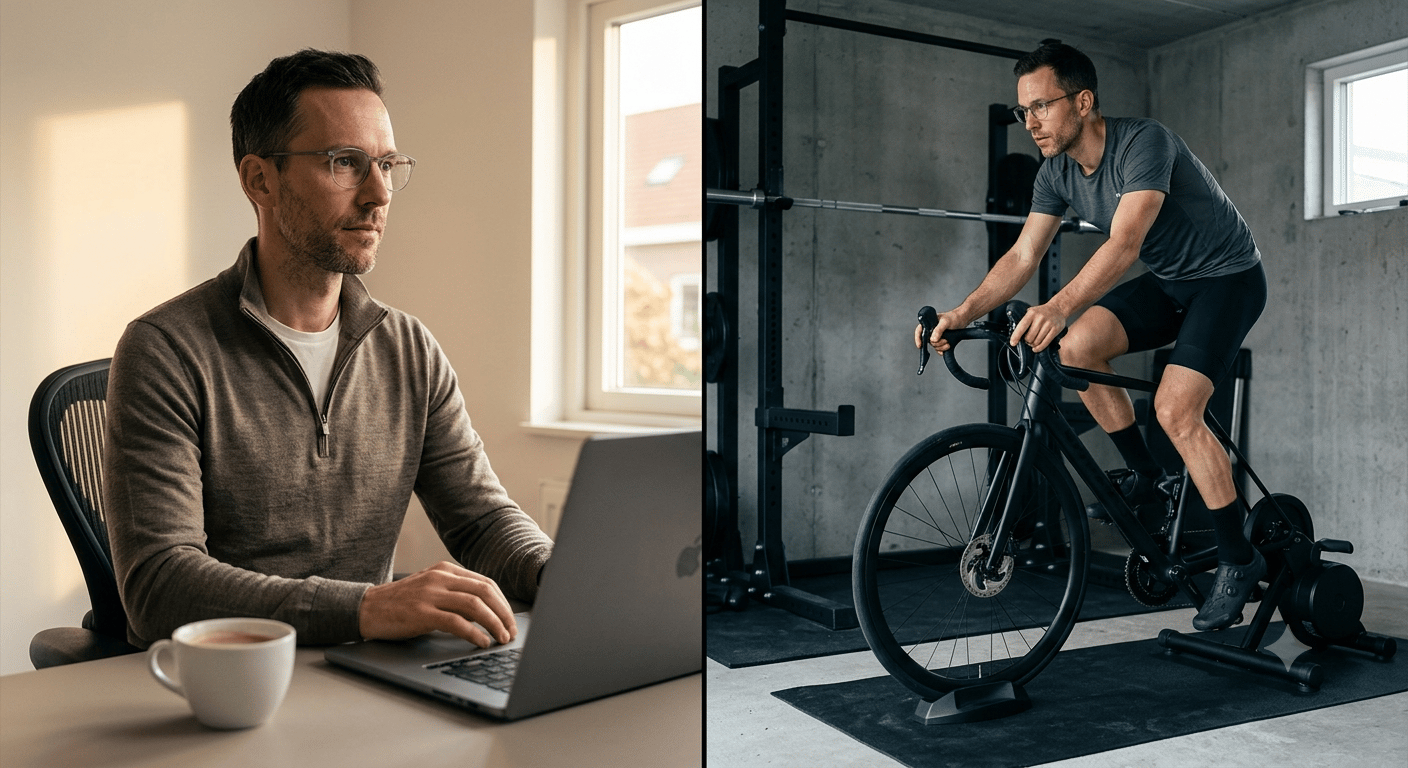 Split-screen of the same man: left, at his home-office desk with a laptop and coffee; right, in athletic wear mid-Zone-2 effort on a stationary indoor bike trainer. One person, two training identities.