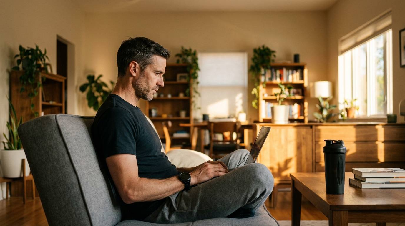 Man in his late 30s absorbed in a training spreadsheet on a Sunday evening. Fitness watch on his wrist, blender bottle on the coffee table, warm light in a bookshelf-lined living room.