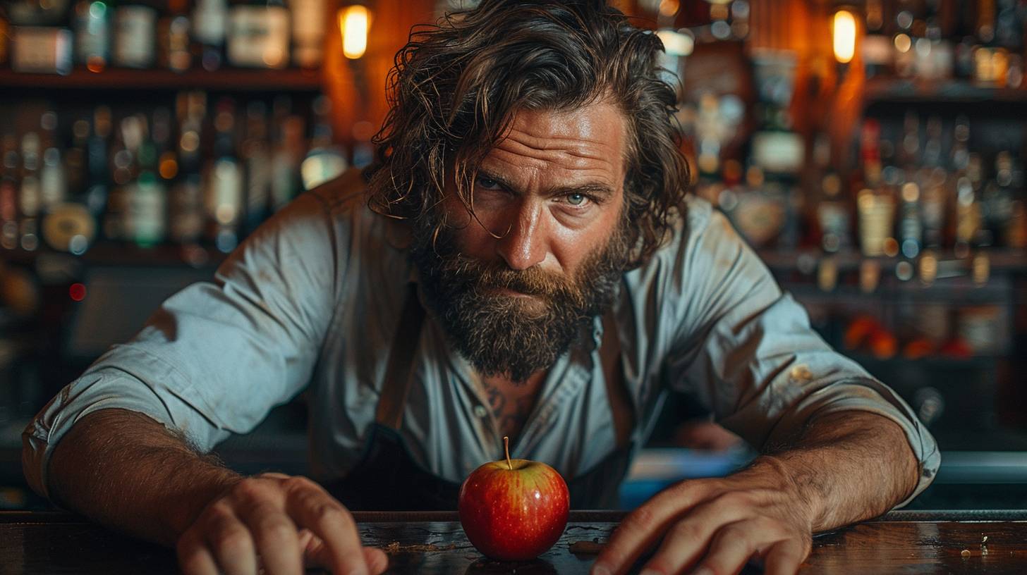 Bartender looking at an apple