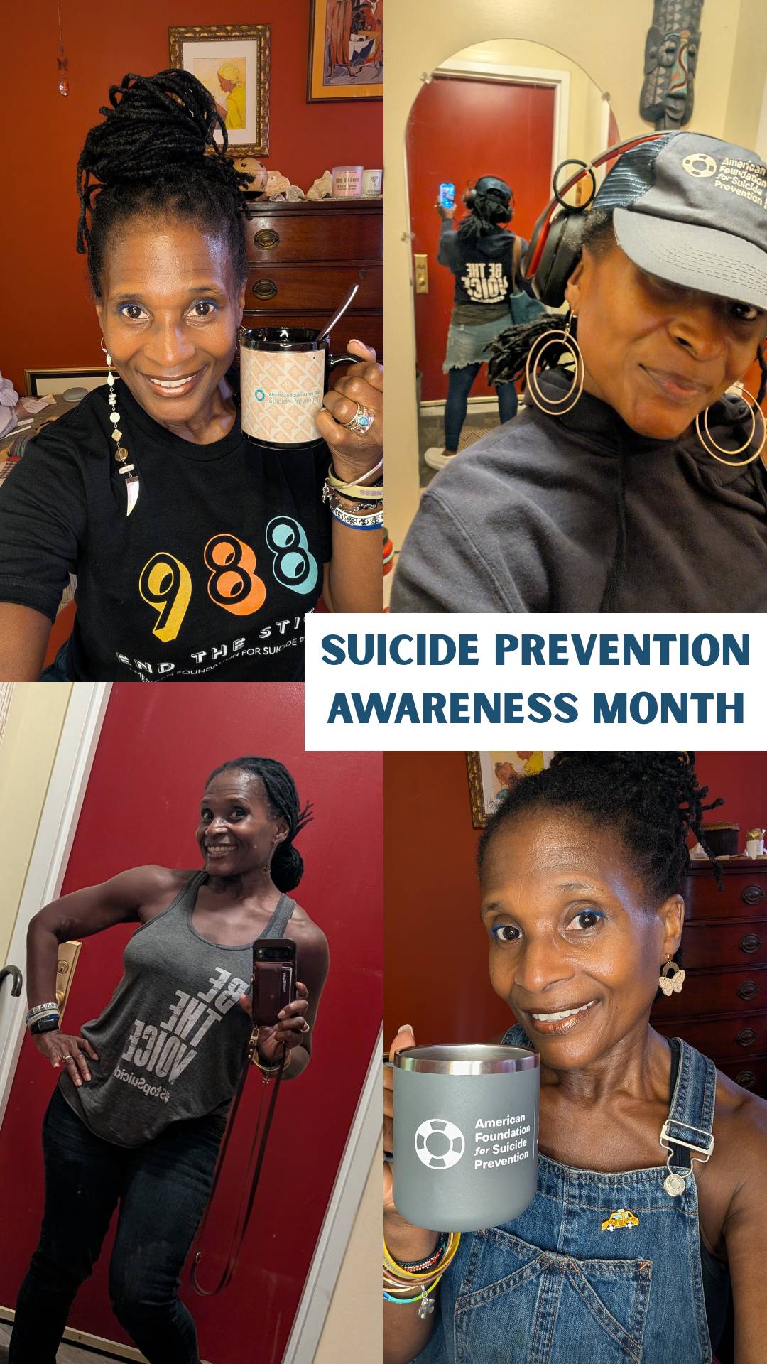 A collage of four photos of Dionne wearing Suicide Prevention gear — two Tuesday Tea mug photos and two outfit?of?the?day selfies — reflecting her personal, embodied approach to awareness during September.