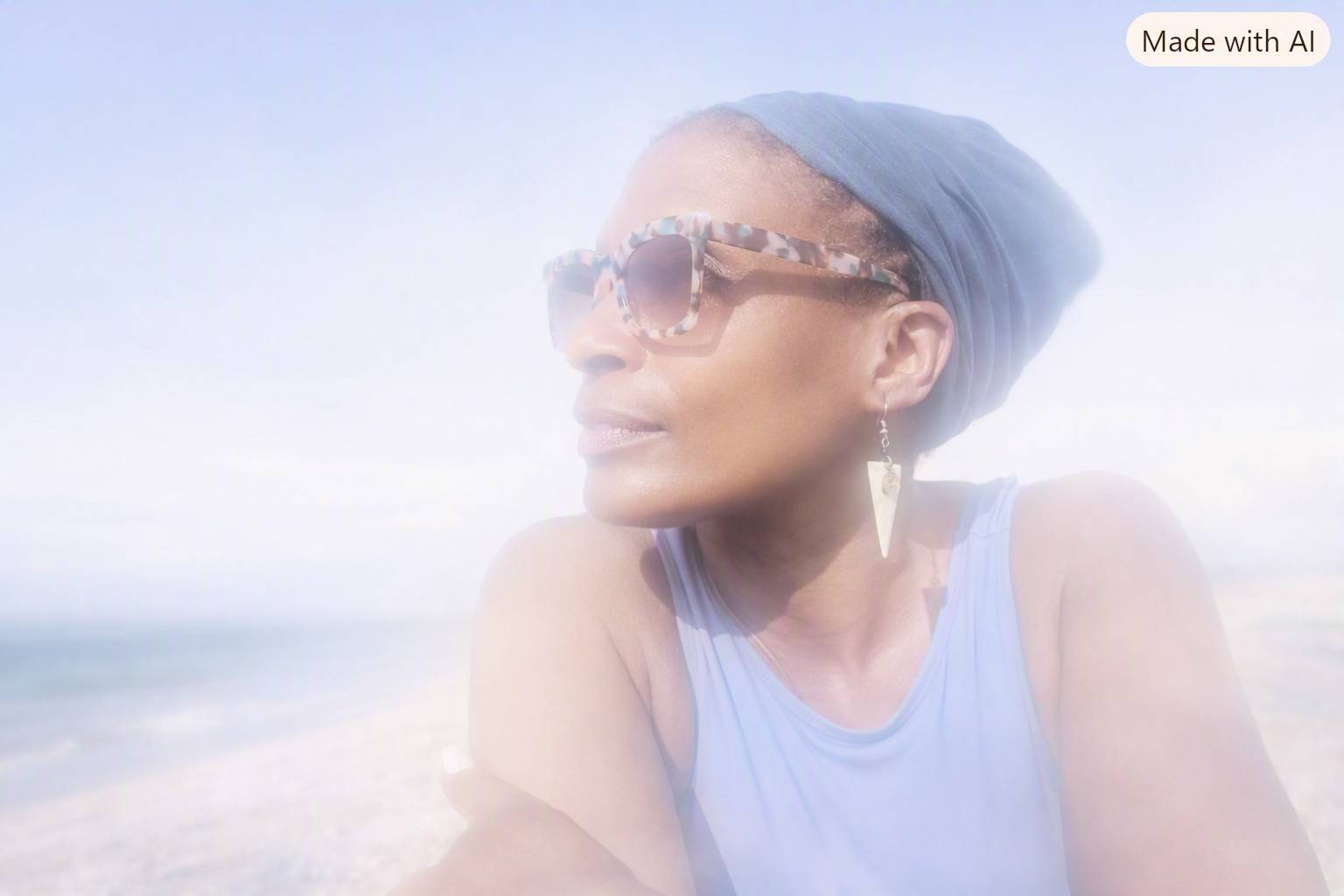 A profile photo of Dionne outdoors under a bright sky, wearing a blue head wrap and looking upward with soft sunlight around her face. The image captures a quiet moment of pause and reflection, matching the in?between space she describes as her body reorg
