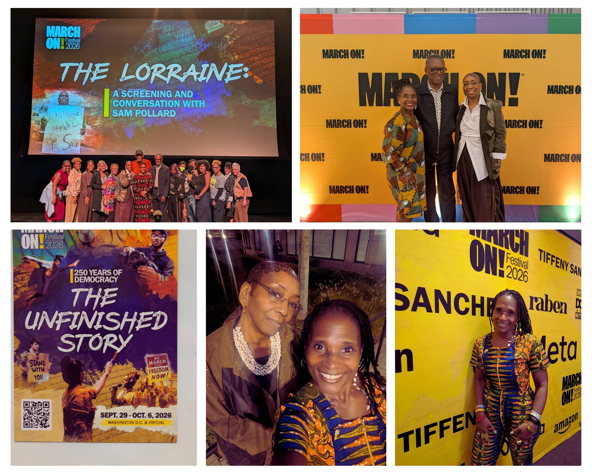 A collage of photos from the March On! Festival 2026, including a panel screening event, attendees posing in front of festival backdrops, a poster highlighting the theme “250 Years of Democracy: The Unfinished Story,” and participants capturing moments ou