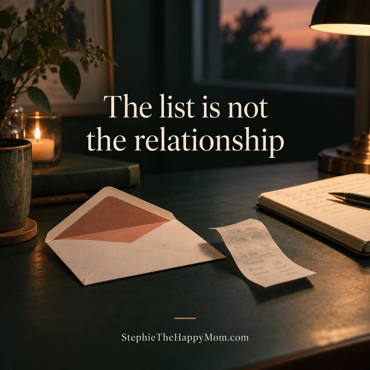 An open envelope, receipt, notebook, and candlelit desk at dusk. Text reads: “The list is not the relationship.”