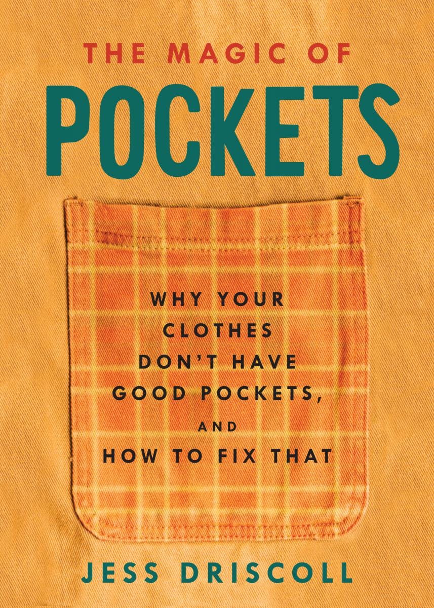 orange plaid pocket sewn on an orange background. the title text reads The Magic of Pockets: why your clothes don't have good pockets and how to fix that by Jess Driscoll