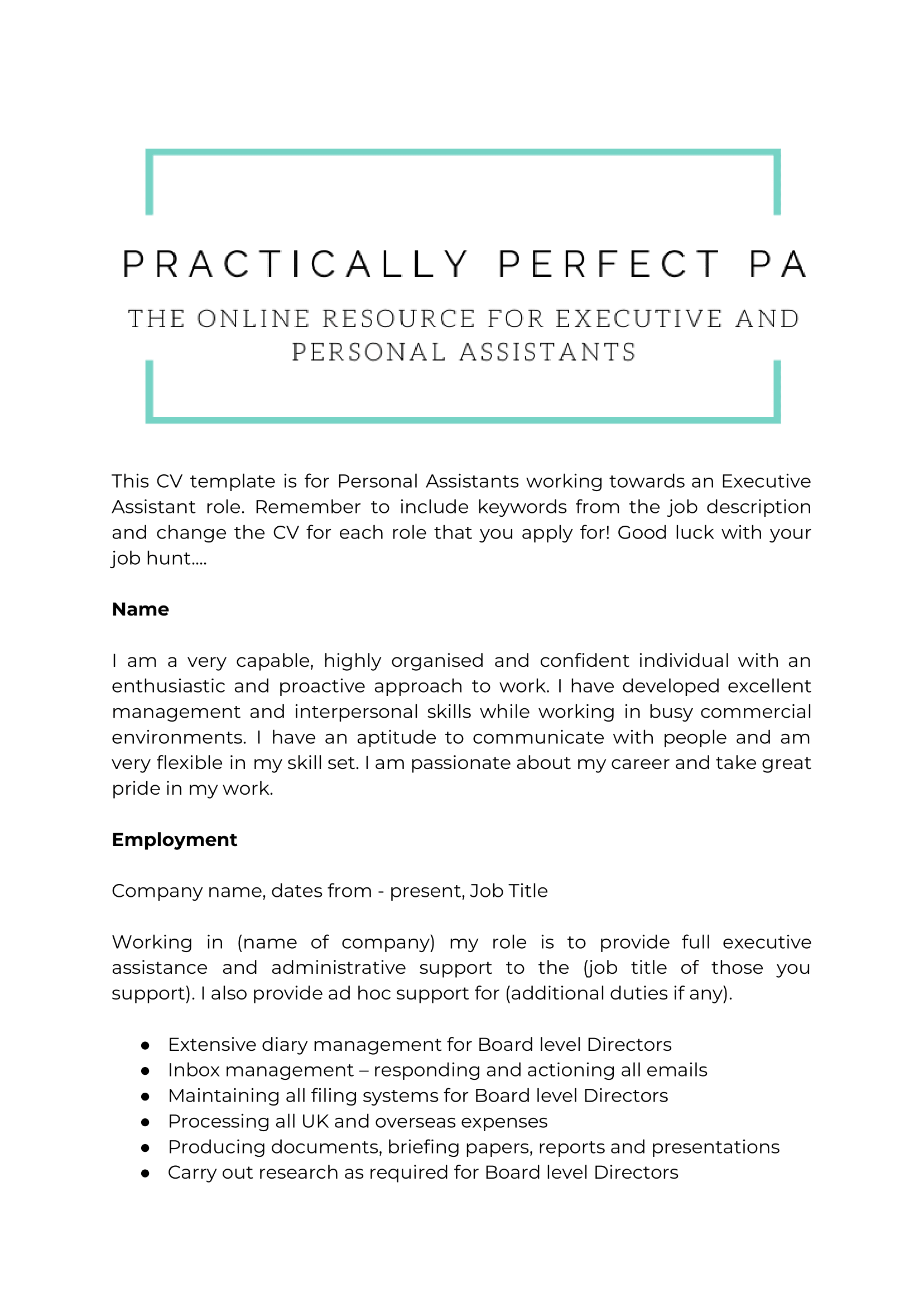 Cv Template For Executive And Personal Assistants