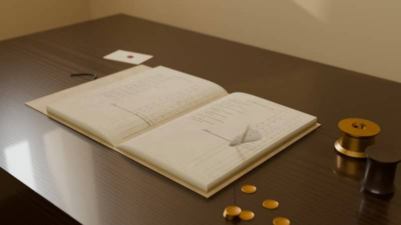An open ledger with tables on a dark wooden desk with gold weights