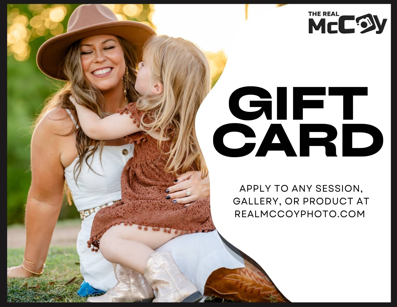 Memorial Day flash sale graphic for The Real McCoy Photography showing a collage of portrait, family, and headshot sessions with text reading "Up to 50% Off Gift Cards for 24 Hours