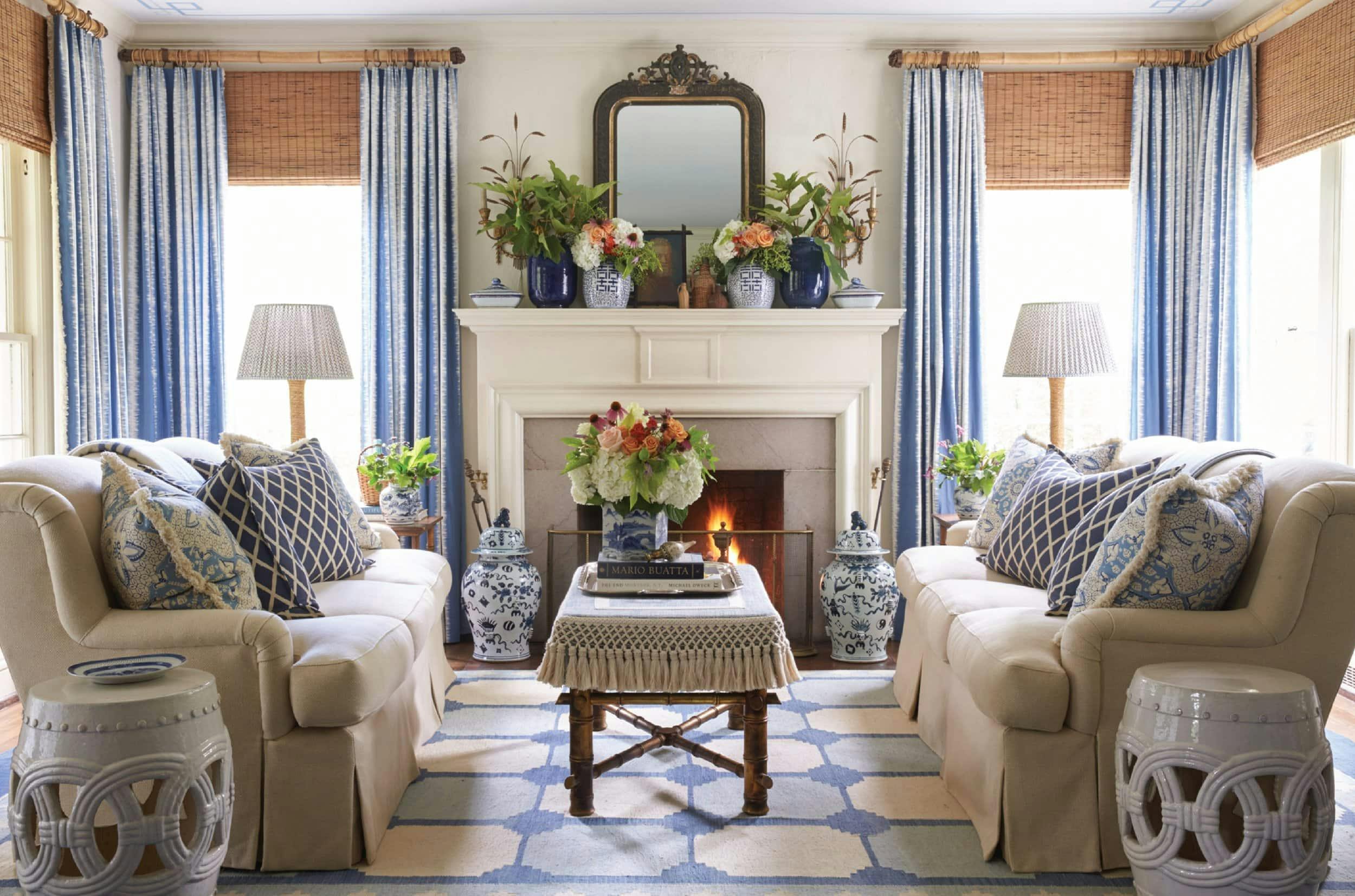 Traditional updated designer living room with blue accents