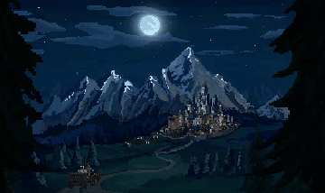 A wagon rides towards a distant castle town under the full moon.