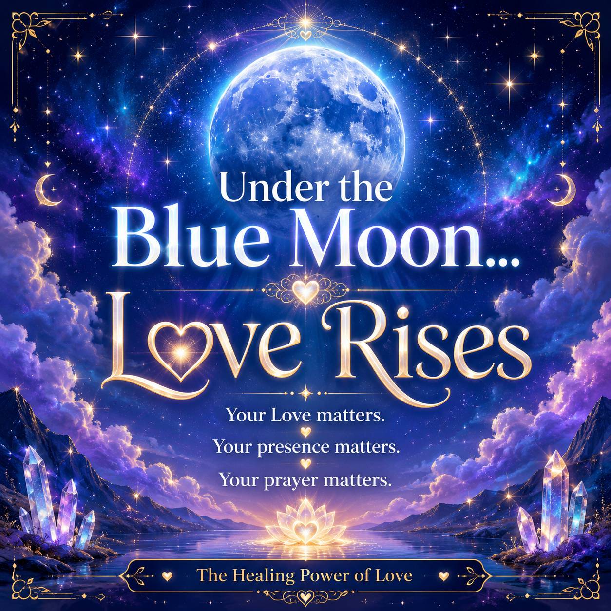 Square mystical Blue Moon quote graphic with a glowing full moon in a deep indigo, violet, and turquoise cosmic sky. Gold stars, crystals, clouds, water, and luminous heart details surround the text: “Under the Blue Moon… Love Rises. Your Love matters. Yo