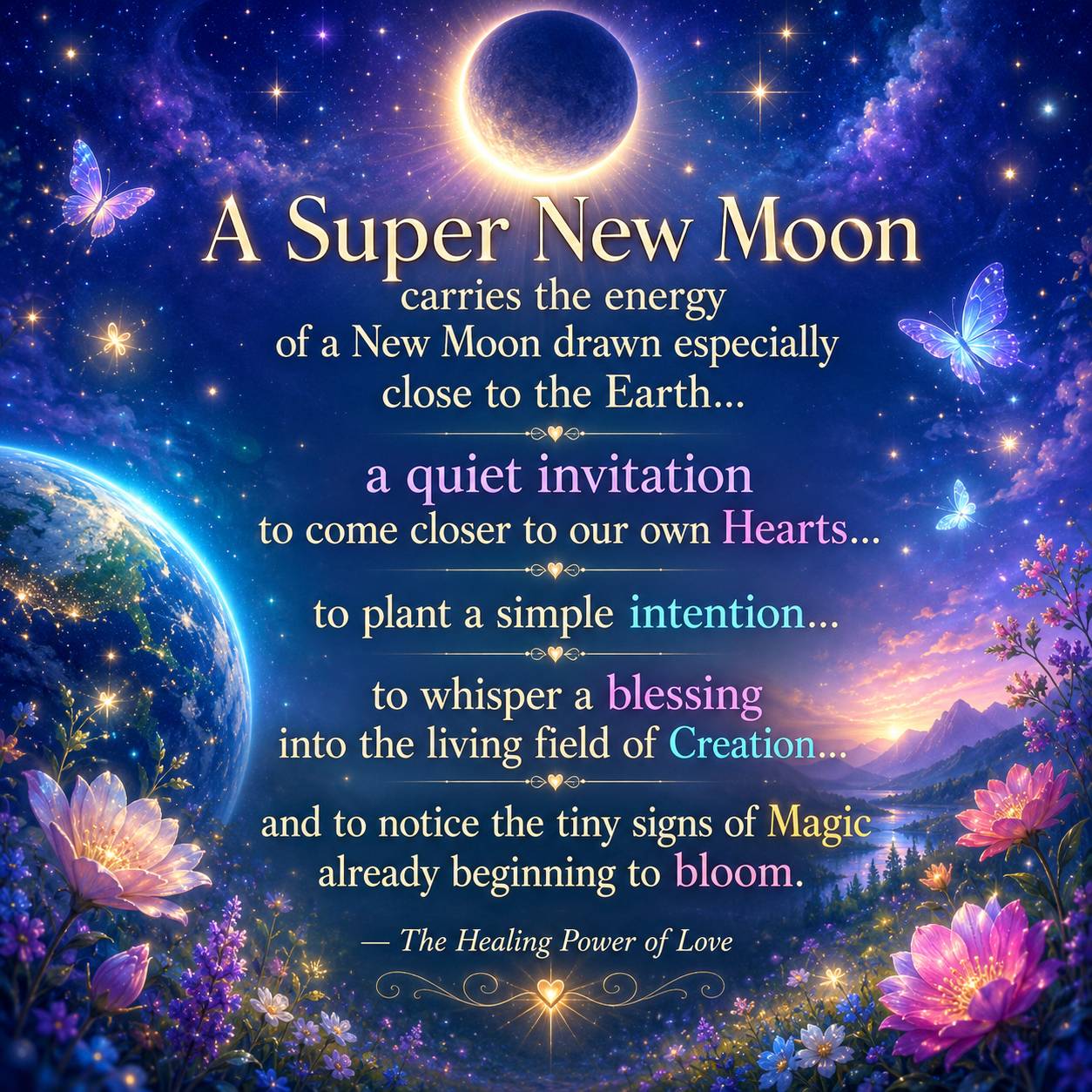 Radiant Super New Moon quote graphic with a glowing moon, stars, butterflies, flowers, and Earth, sharing a mystical invitation to come closer to the Heart, plant a simple intention, whisper a blessing into Creation, and notice the tiny signs of Magic beg