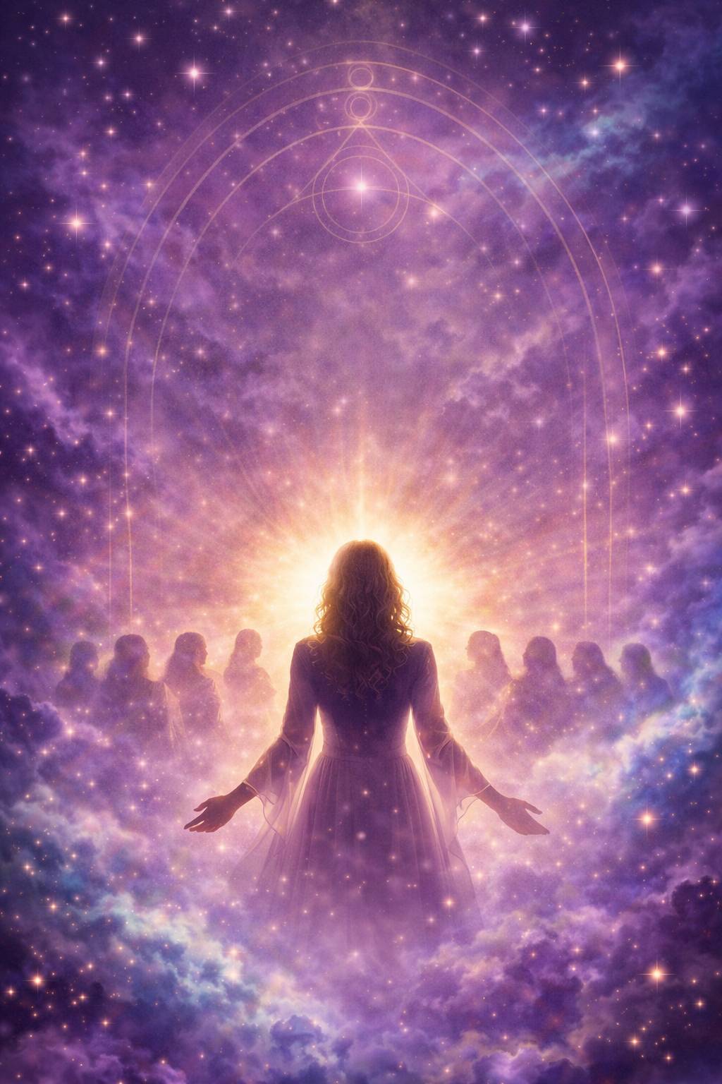 Mystical Easter resurrection light with sacred feminine circle beneath a cosmic sky, symbolizing remembrance, divine love, and spiritual awakening.