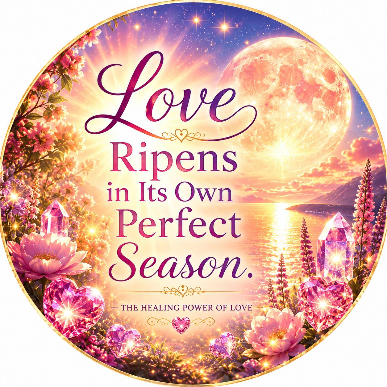Circular inspirational quote graphic featuring a radiant Strawberry Full Moon over a glowing lake surrounded by luminous pink flowers, crystalline hearts, sparkling light, and a golden sunset. The quote reads: “Love Ripens in Its Own Perfect Season.” — Th