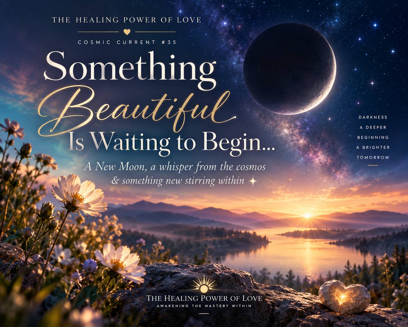 Cosmic Current #35 — Something Beautiful Is Waiting to Begin. A luminous New Moon beneath a star-filled sky, opening into golden light and new possibilities.