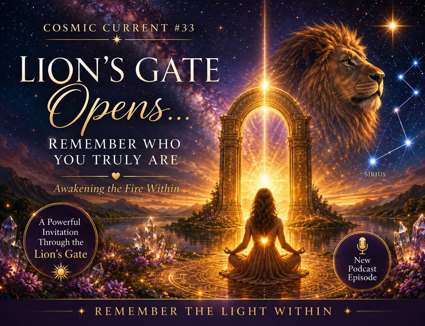 Radiant Lion's Gate Portal artwork featuring a luminous golden gateway beneath a star-filled sky, a majestic lion, the star Sirius, a meditating figure with a glowing Heart, and the words "Remember Who You Truly Are – Awakening the Fire Within." Created f