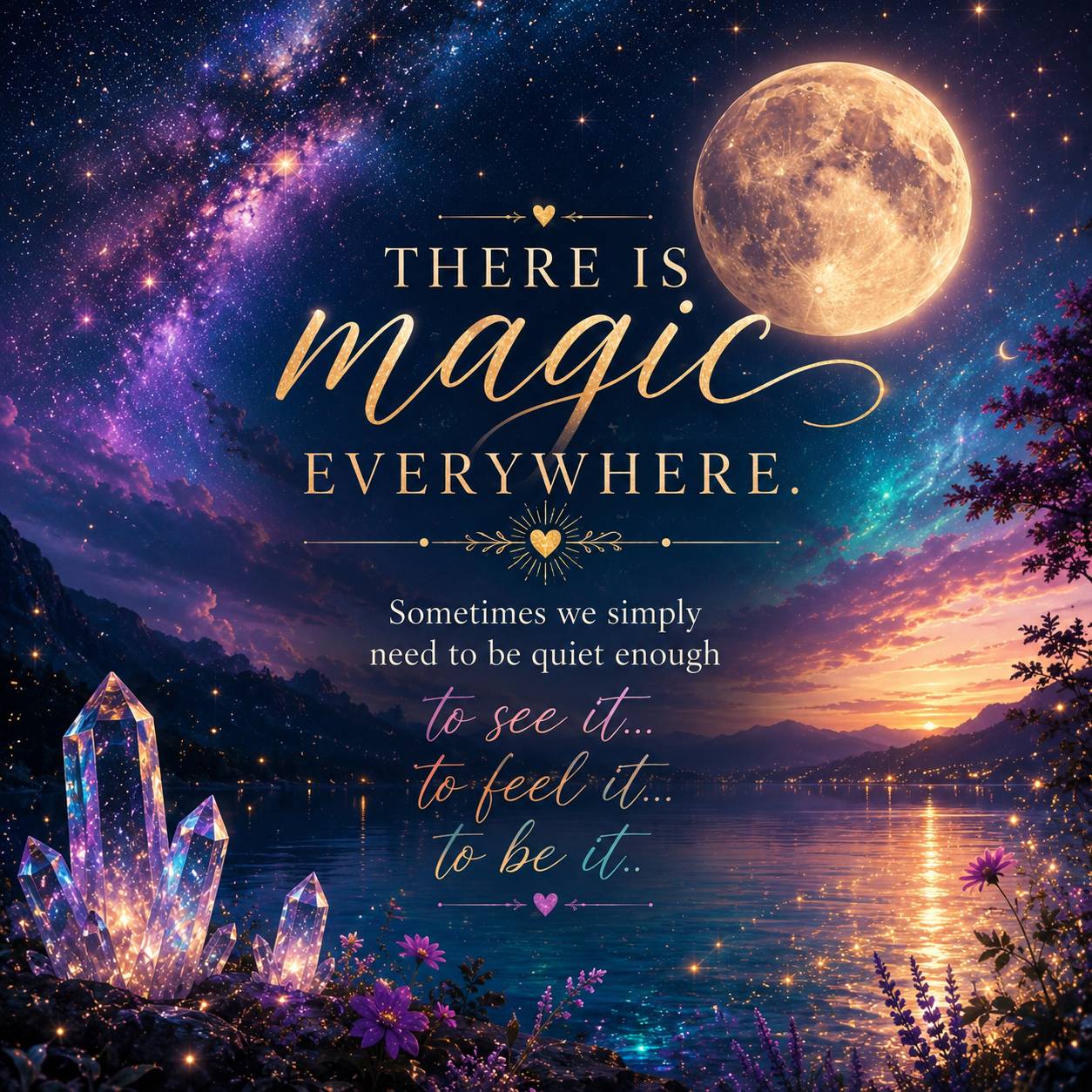 Mystical cosmic landscape beneath a glowing full moon with the words, “There is magic everywhere. Sometimes we simply need to be quiet enough to see it… to feel it… to be it.”