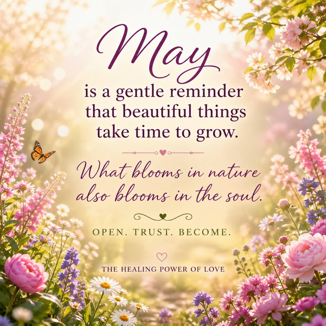 Radiant spring garden with blooming flowers in soft sunlight and elegant text reading, “What blooms in nature also blooms in the soul.”