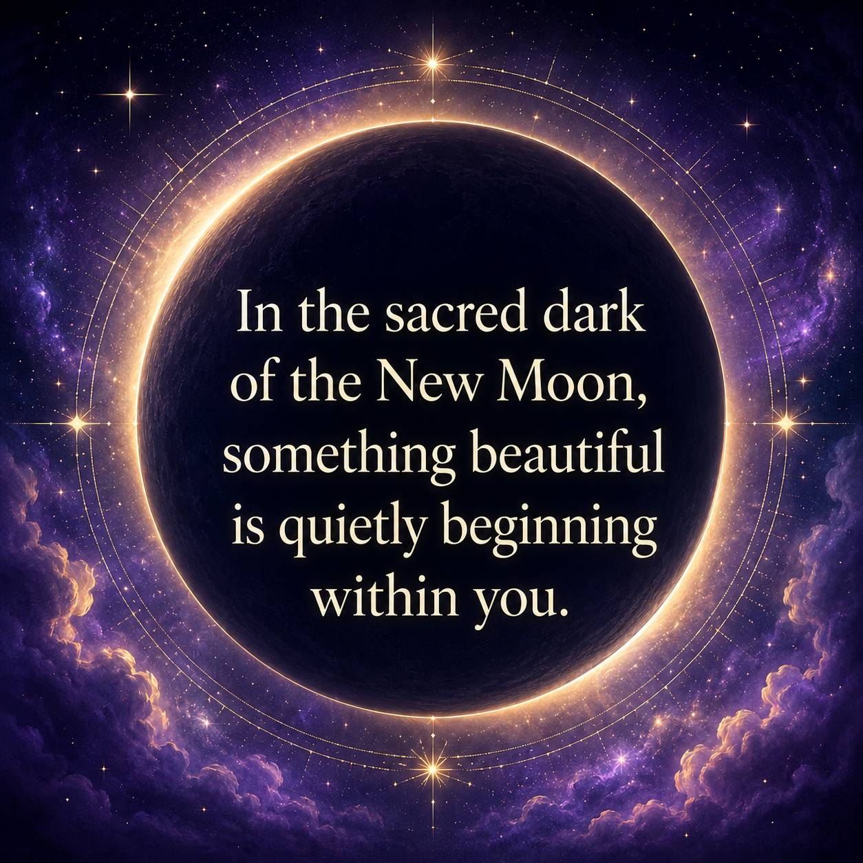 A radiant circular New Moon quote graphic with a glowing golden halo, stars, and deep indigo-violet cosmic sky, featuring the words: “In the sacred dark of the New Moon, something beautiful is quietly beginning within you."