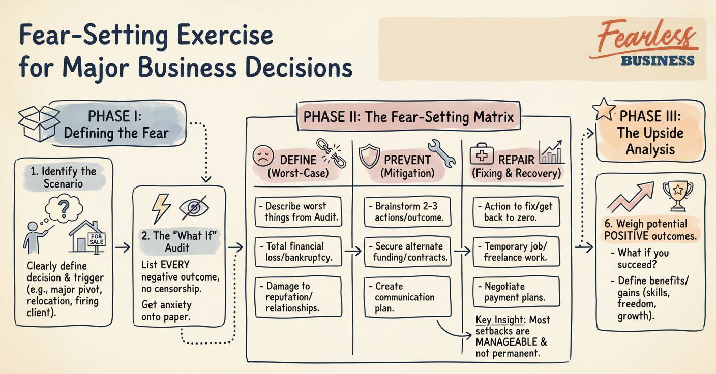 A pencil sketch diagram showing the four steps of the fear setting exercise, 1. defining the fear. 2. Define the worst case scenarios. 3. What can you do to prevent or mitigate the outcomes? 4. How can you repair the situation and recover from it? Finally what is the potential upside?