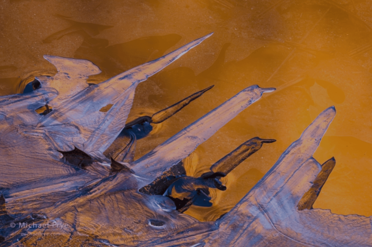 Icy projections on the shore of a stream reflecting orange light.