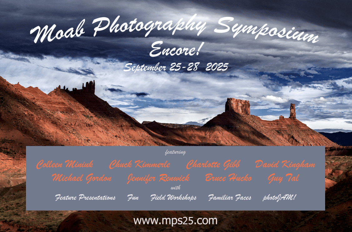 The logo for the 2025 moab photography symposium set along a desert scene of red rock monuments in the desert.