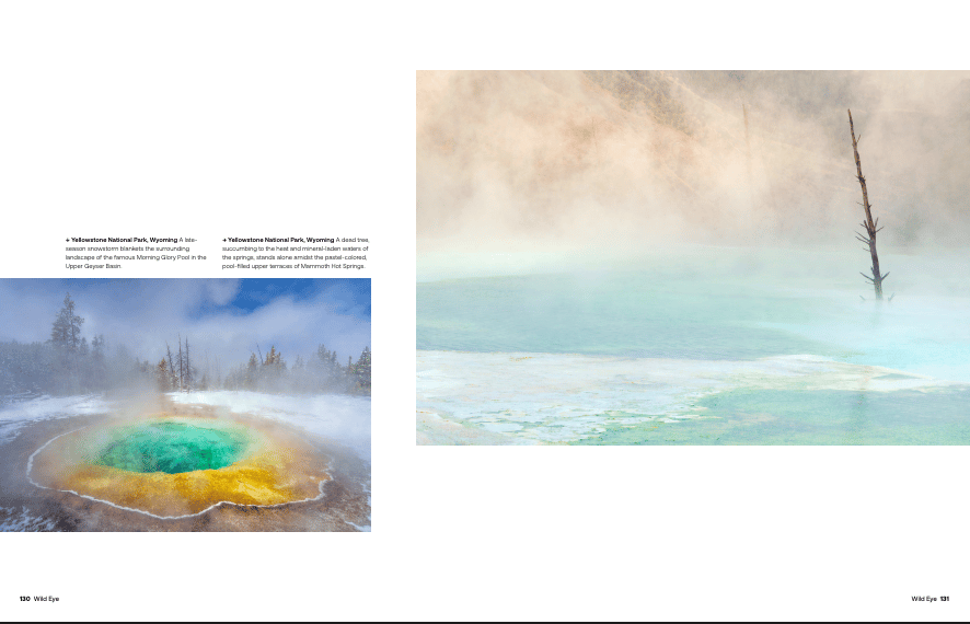 A magazine spread of a few pages of photos of geothermal features from Yellowstone National Park. 