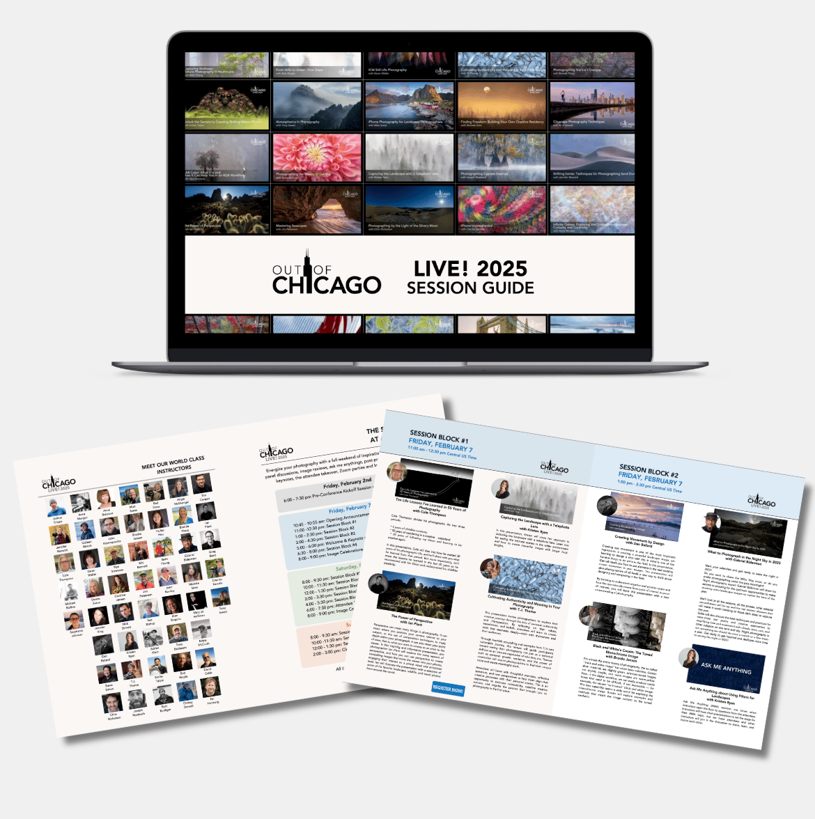 An open laptop with a photo of the session guide for Out of Chicago LIVE.