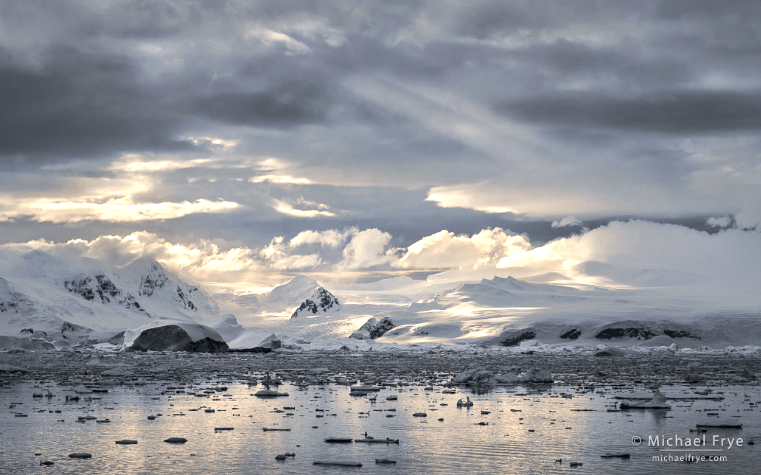 A landscape of mountains and snow from Antarctica.