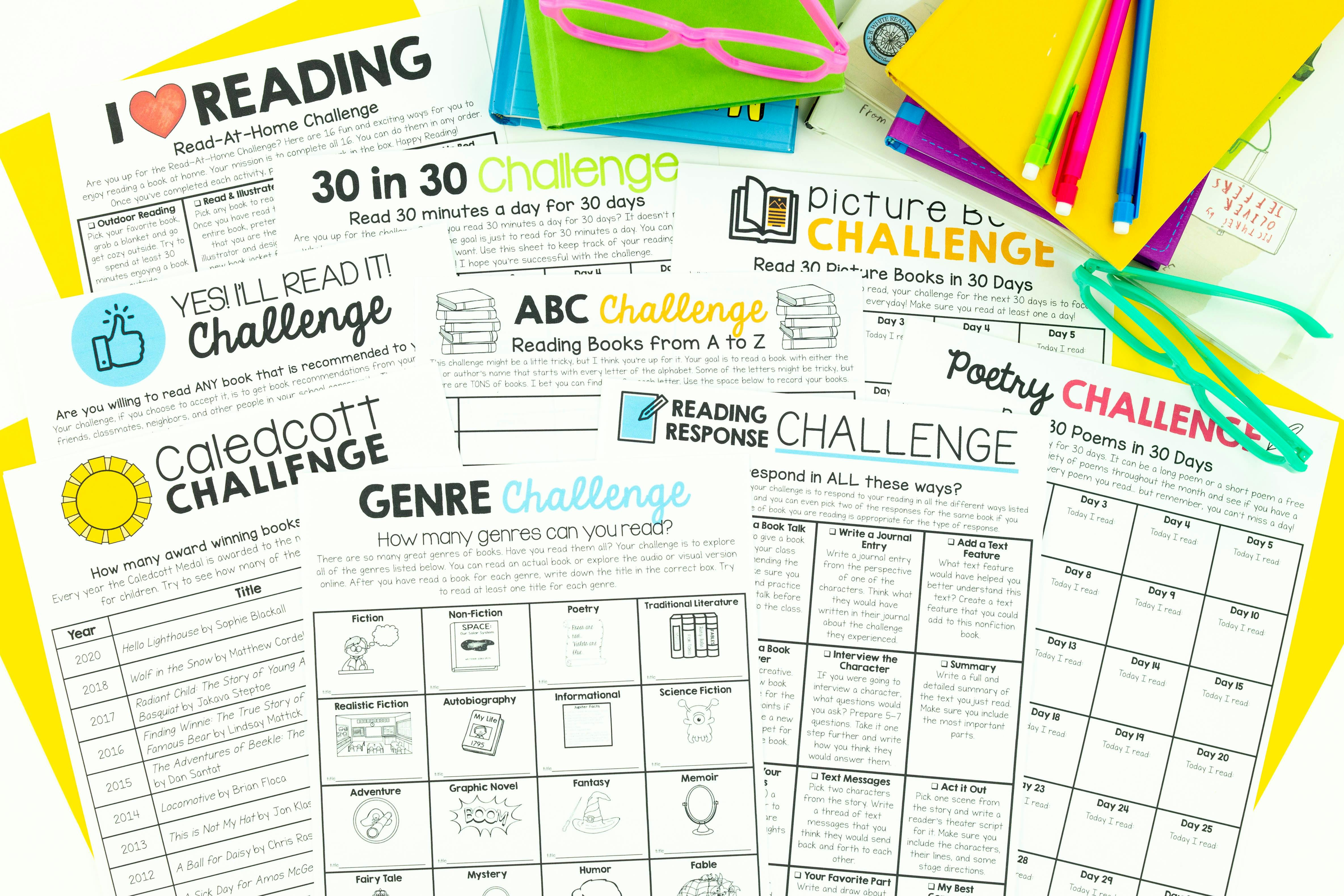 Pictures shows a variety of reading challenges like a genre challenge, poetry challenge, ABC challenge, and Caldecott Challenge as ideas for reading activities you can incorporate during the month of December. 
