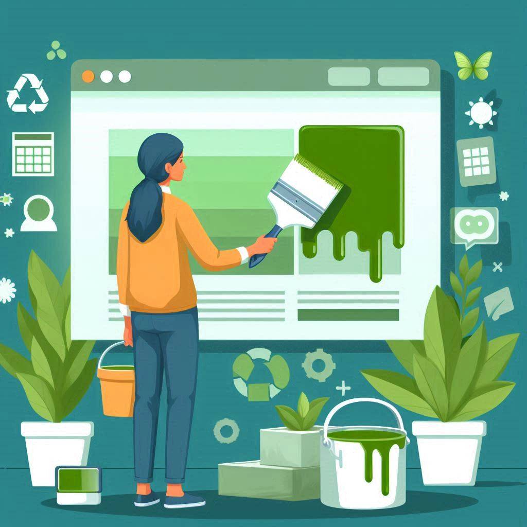 2d flat illustration of a worker repainting the website, green fresh colors