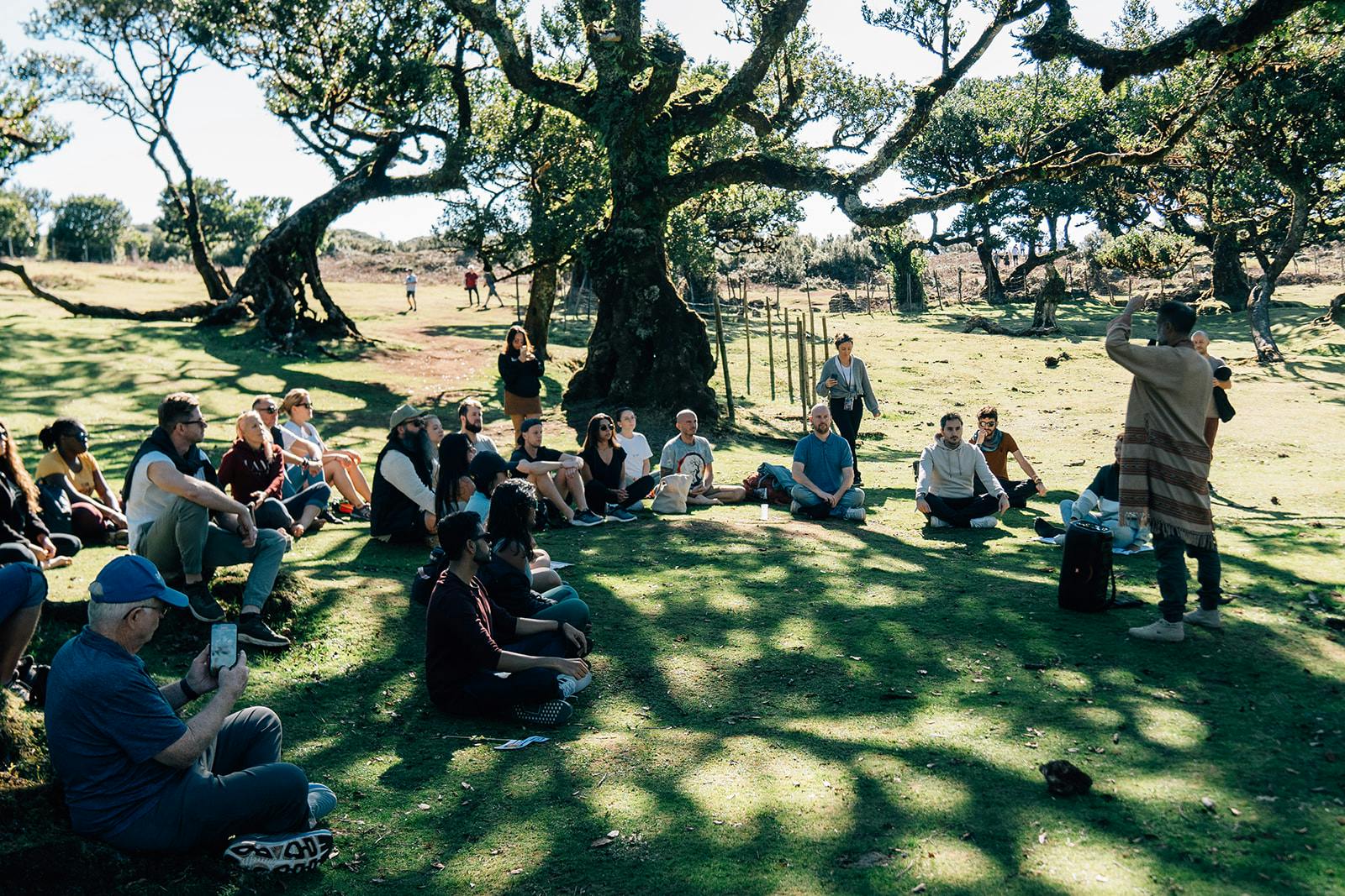 Digital nomads gathering in woods in Madeira