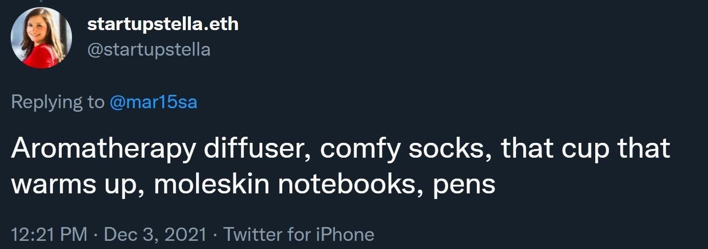 Aromatherapy diffuser, comfy socks, that cup that warms up, moleskin notebooks, pens