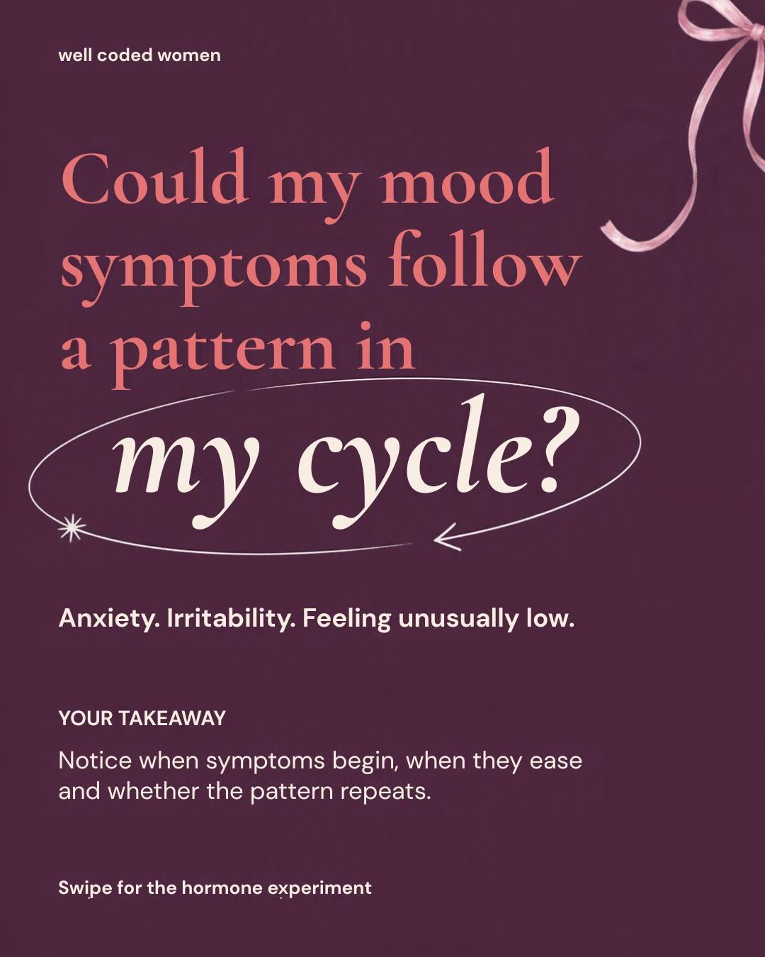 “Why do I feel like myself some weeks, and so unlike myself others?”

That’s a question worth taking seriously.

In a 2025 study, researchers suppressed ovarian hormones, then added back estradiol or progesterone. Mood symptoms increased in the PMDD group, while the healthy comparison group didn’t show the same response.

The takeaway: sensitivity to hormone changes can matter. Symptoms alone can’t tell you whether your levels are high or low.

Start with the pattern: when symptoms begin, when they ease, and how they affect your day. Include the better days, too.

Tracking supports a conversation with your clinician. It doesn’t diagnose PMDD.

Save this for your next appointment, and follow @wellcodedwomen for women’s health research broken down by a scientist 🤍

What do you wish your cycle tracker asked about beyond your period?

Study: Wei et al., American Journal of Psychiatry, 2025.
DOI: 10.1176/appi.ajp.20240596

#WellCodedWomen #PMDD #WomensHealth #SymptomTracking #MenstrualHealth