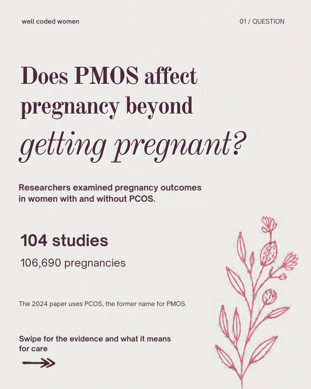 The pregnancy test is positive. Does PMOS still belong in the conversation?

Yes. Your care team should know about it.

A 2024 review of 104 studies covering 106,690 pregnancies found higher odds of gestational diabetes, pregnancy-related hypertension, pre-eclampsia, miscarriage and cesarean delivery in women with PCOS, now called PMOS.

These are comparisons between study groups—not a prediction of your pregnancy.

The useful part: this evidence informed clinical guidance. Discuss blood sugar screening and blood pressure checks with your care team, ideally when planning pregnancy.

Swipe through for the reported data, what the authors make of it, and how it translates into care.

If you’ve discussed PMOS with a clinician, did the conversation go beyond getting pregnant? Share only what you’re comfortable sharing 🤍

Save this for your next appointment. Follow @wellcodedwomen for women’s health research decoded by a scientist.

Study: Bahri Khomami et al., Nature Communications, 2024.
DOI: 10.1038/s41467-024-49749-1

#PCOSPregnancy #PMOS #PCOSAwareness #WomensHealth #hormonehealth