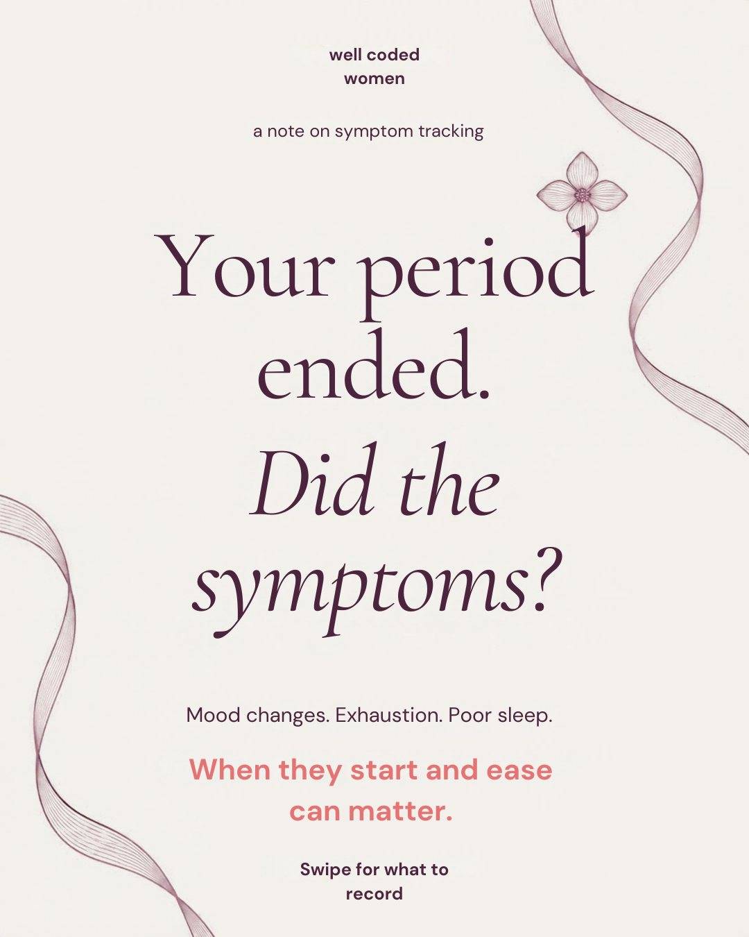 Your period ended. Why do you still feel awful?

When symptoms start, when they ease, and how they interrupt your day are worth recording. The better days count, too.

For PMS/PMDD assessment, clinicians use daily symptom ratings across at least two consecutive cycles. Tracking can support that conversation. It doesn’t diagnose a condition.

You deserve more than trying to remember three months of symptoms in a 15-minute appointment.

Save this for your next visit. Follow @wellcodedwomen for women’s health research decoded by a scientist, with the takeaways and the caveats.

What do you wish your period tracker asked about?

Source: Ortiz Worthington et al., JAMA (2026).
doi:10.1001/jama.2025.26054

#WomensHealth #SymptomTracking #PMDD #MenstrualHealth #Hormonehealth