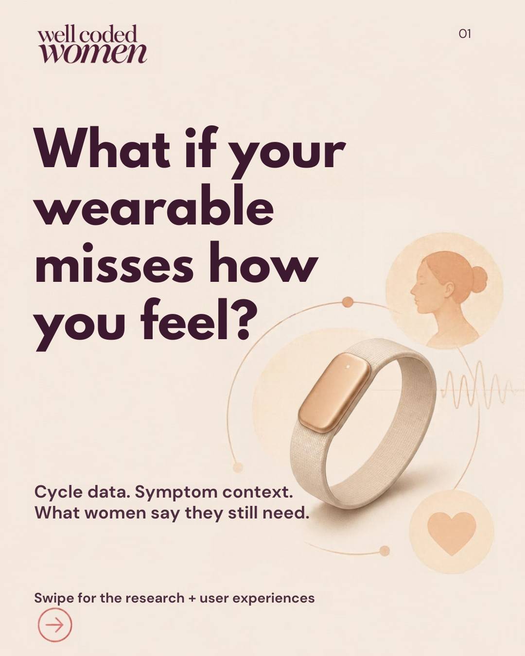 Your wearable noticed your heart rate changed.

But did it notice the pain that made you cancel your plans?

A 2026 study analyzed 42,759 menstrual cycles from 2,596 women using WHOOP data and period logs. Resting heart rate, temperature and heart-rate variability followed patterns across the cycle. Sleep duration was also associated with both biometric readings and cycle variability.

But the study did not collect symptom reports.

That matters because the same number can mean very different things depending on what was happening that day.

Public discussions from Oura and WHOOP users reflected both sides:

Some women valued seeing temperature patterns and feeling more prepared for their period.

Others described recovery messages that felt disconnected from their cycle, conflicting predictions between apps and scores that failed to capture the pain they were experiencing.

The wearable gives us a signal.
The symptom gives that signal context.

For your next appointment, consider bringing:

01 Dates and wearable trends
02 When symptoms started and eased
03 What they interrupted

Tracking can support a clinical conversation. It cannot diagnose a condition.

What do you wish your tracker asked about beyond your period?

Save this for your next appointment and follow @wellcodedwomen for women’s health research explained by a scientist 🤍

Study: Gonzalez et al., npj Digital Medicine, 2026
DOI: 10.1038/s41746-026-02799-9

#WomensHealthResearch #CycleTracking #WearableHealth #MenstrualHealth #WellCodedWomen