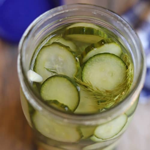 Sliced cucumber in brine with dill and garlic.