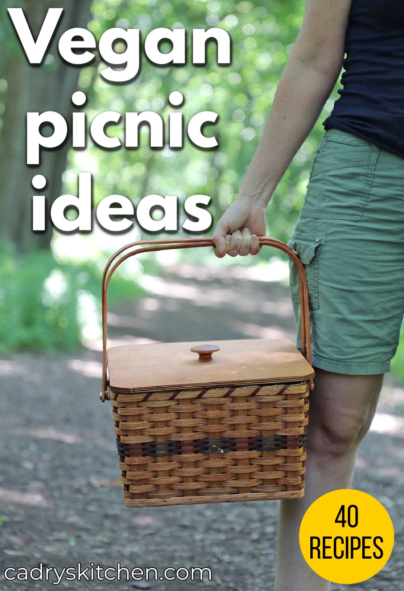 Text overlay: Vegan picnic ideas. Hand holding picnic basket.
